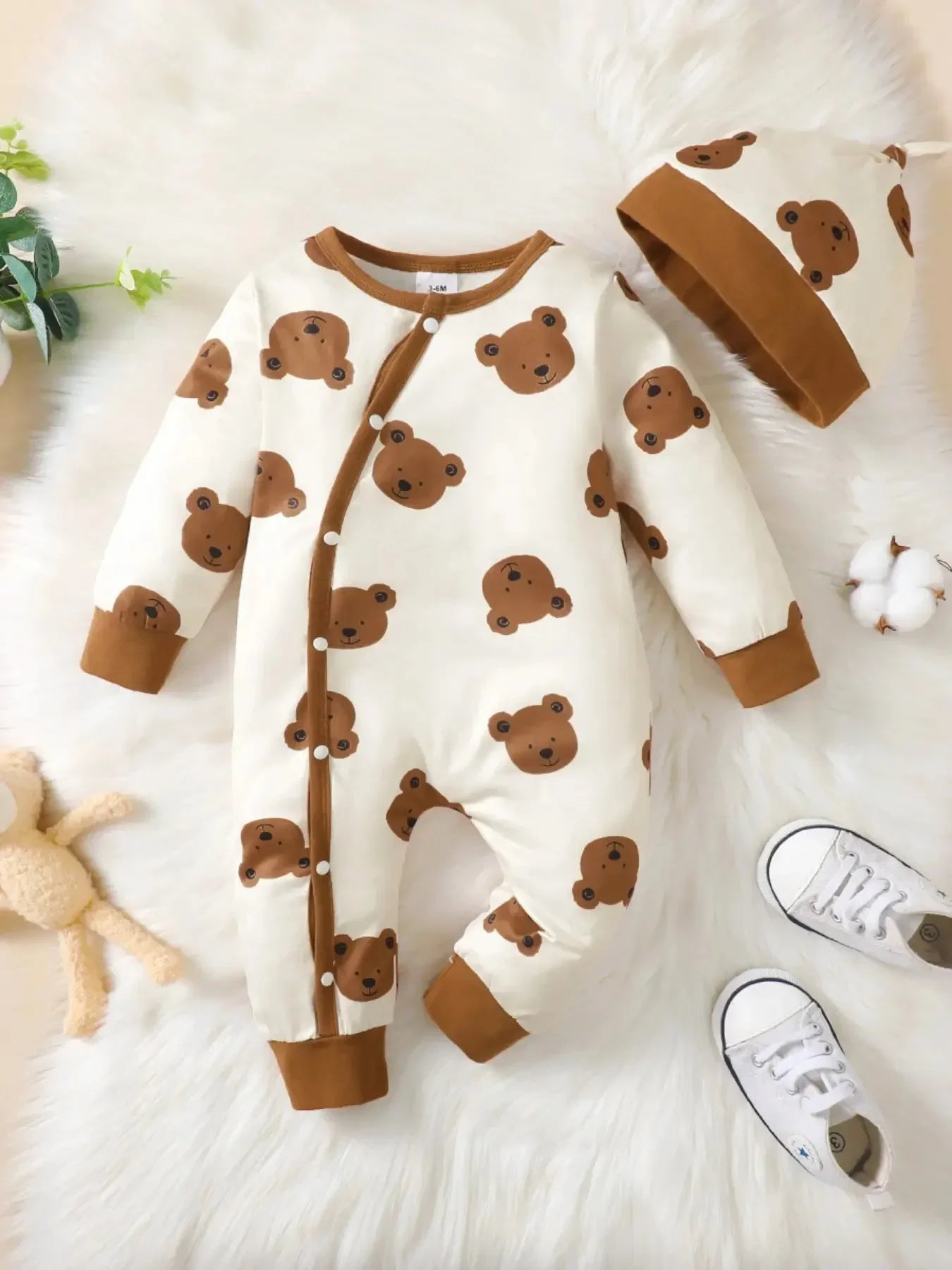 Bear Print Baby Romper | Soft Long Sleeve Button Up One Piece Outfit