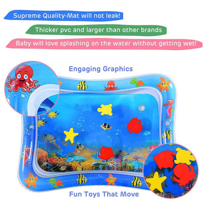 Blue baby water play mat with floating sea creature toys and text about quality and features.