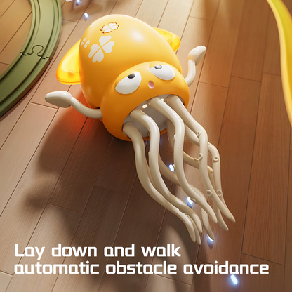 Yellow octopus interactive toddler toy with automatic obstacle avoidance on wooden floor.