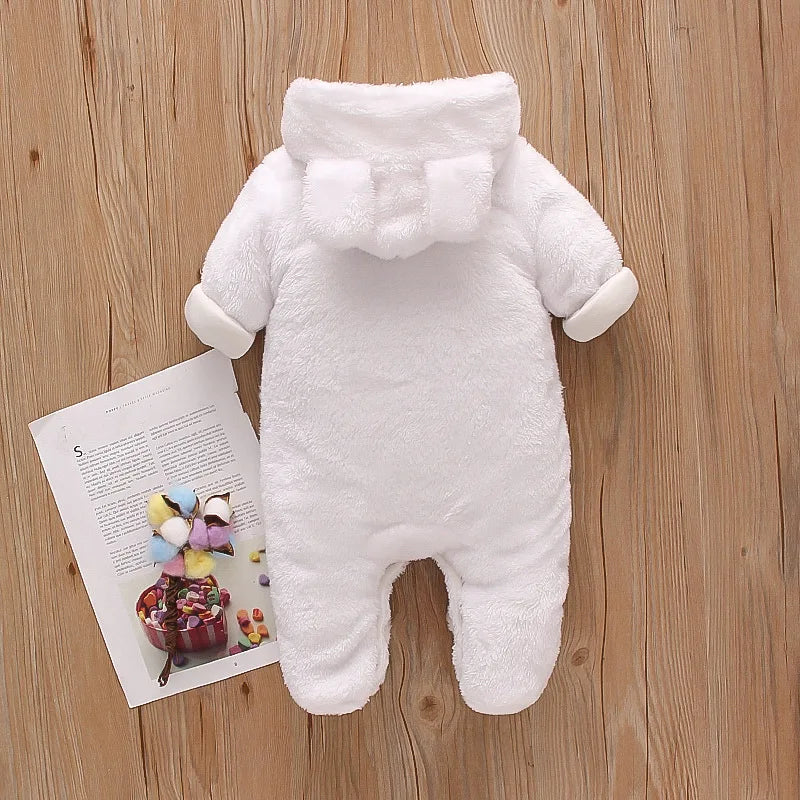 Plush Hooded Baby Romper | Warm Cartoon Jumpsuit for Fall and Winter