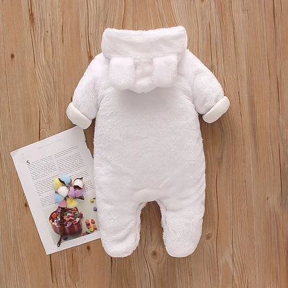 Plush Hooded Baby Romper | Warm Cartoon Jumpsuit for Fall and Winter