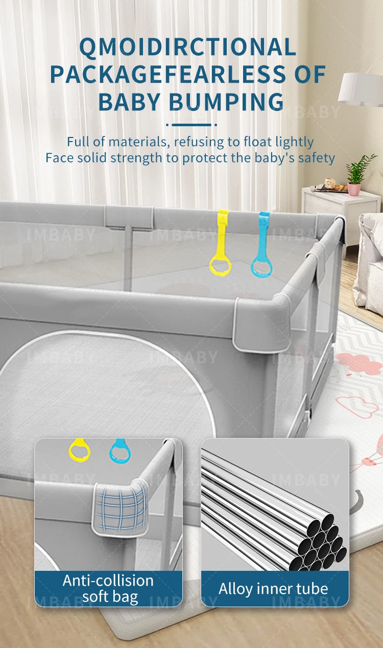 Gray baby playpen highlighting anti-collision soft bags and alloy inner tubes.