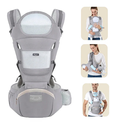 Gray ergonomic baby carrier with mesh back and built-in hip seat, front view with usage examples.