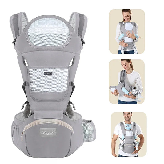 Gray ergonomic baby carrier with mesh back and built-in hip seat, front view with usage examples.