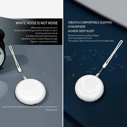 Two white noise machines hanging with text about white noise benefits and deep sleep.