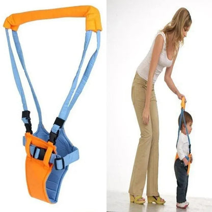 Orange and blue baby walking harness assistant shown alone and worn by toddler assisted by adult woman.
