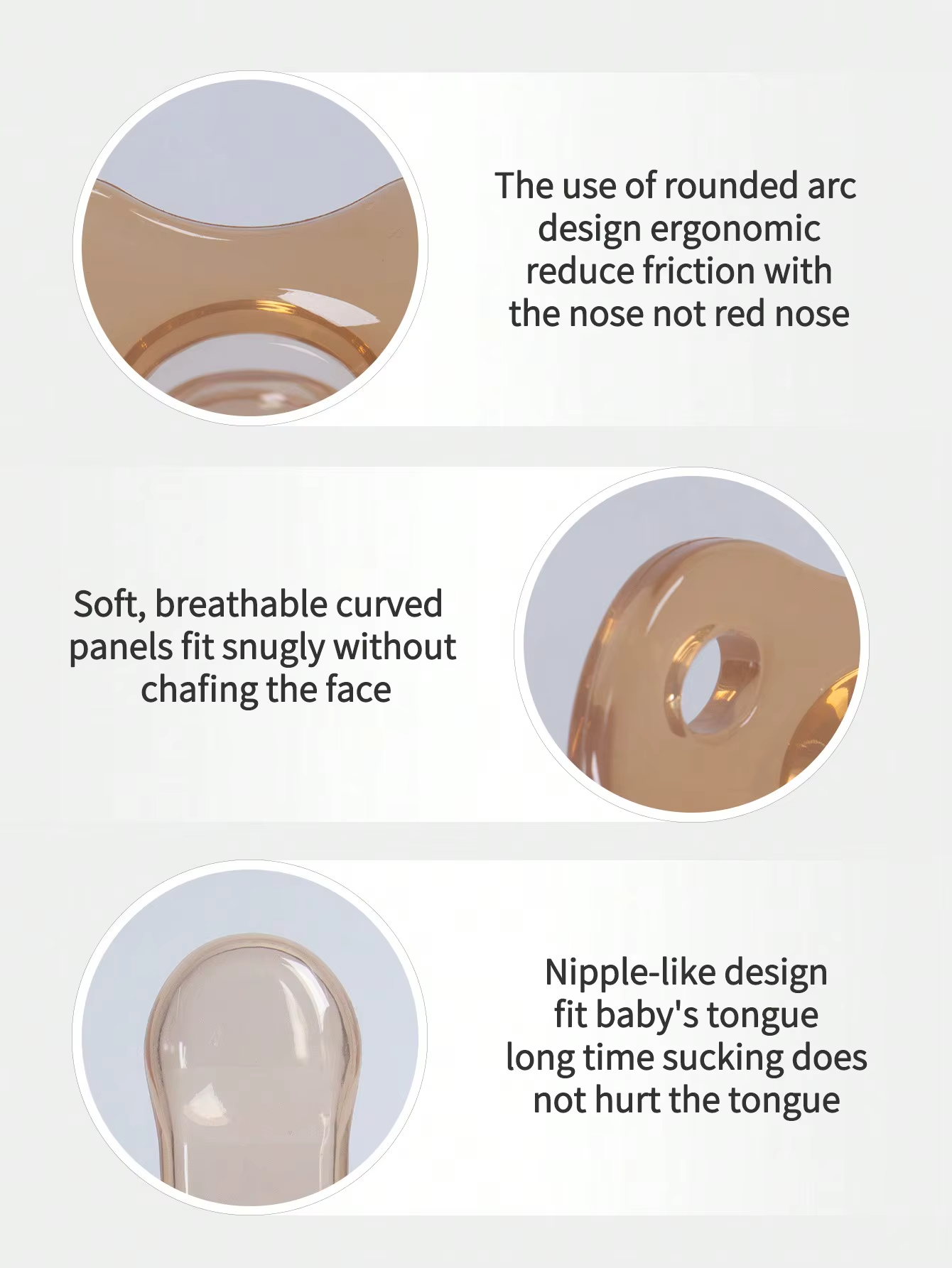 Detailed close-ups of light brown silicone pacifier showing ergonomic rounded arc and breathable panels.