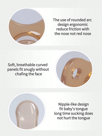 Detailed close-ups of light brown silicone pacifier showing ergonomic rounded arc and breathable panels.