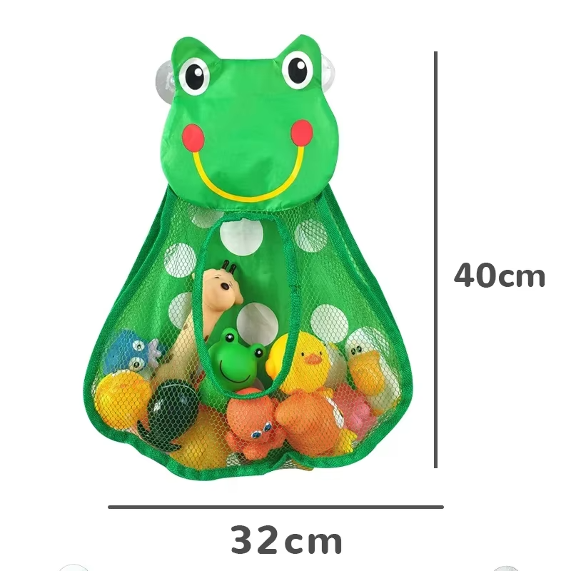 Green frog bath toy storage mesh bag with suction cups holding colorful bath toys.