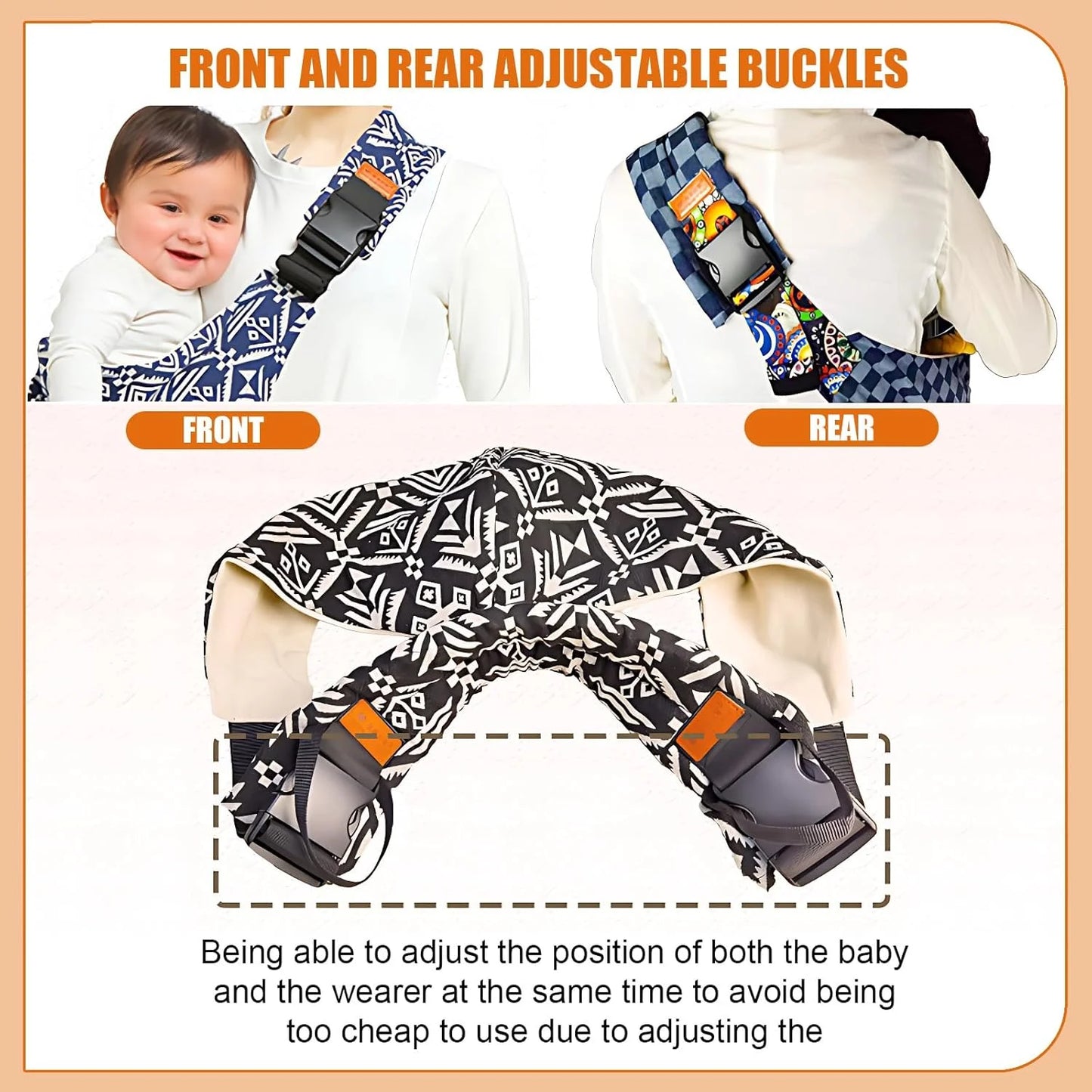 Blue patterned adjustable baby carrier wrap showing front and rear adjustable buckles on wearer.