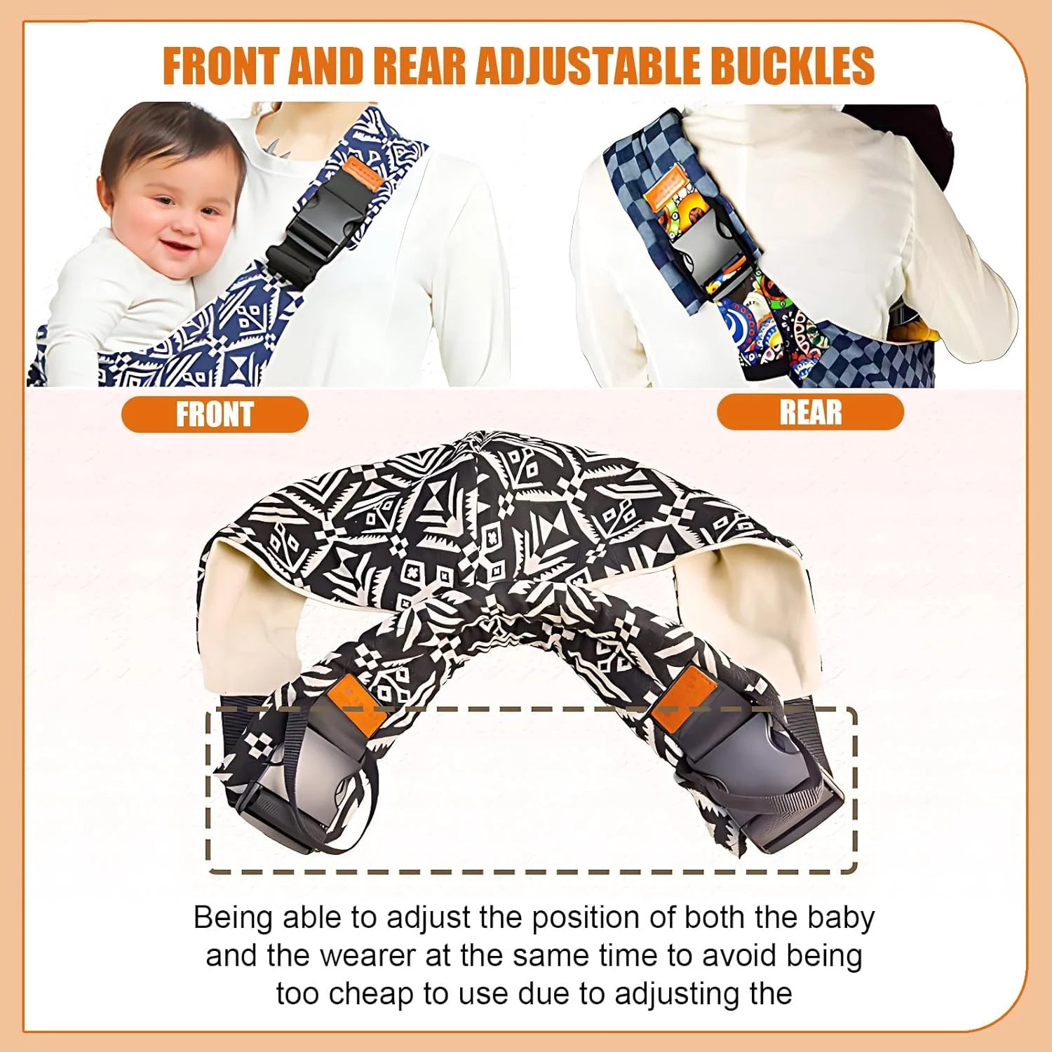 Blue patterned adjustable baby carrier wrap showing front and rear adjustable buckles on wearer.