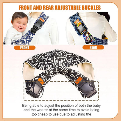 Blue patterned adjustable baby carrier wrap showing front and rear adjustable buckles on wearer.