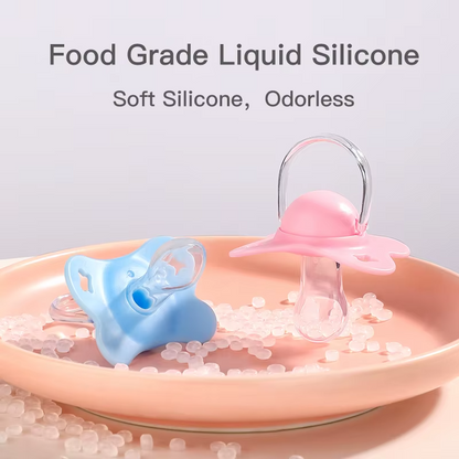 Pink and blue silicone thumb shape baby pacifiers on plate highlighting food grade soft silicone.