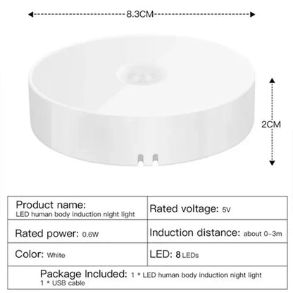 Dimensions and technical specifications for rechargeable motion sensor night light.