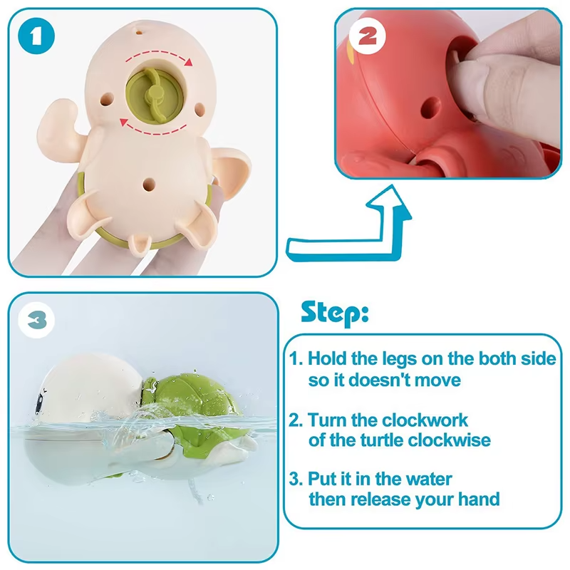 Instructions for winding up and using turtle wind-up bath toy in water.