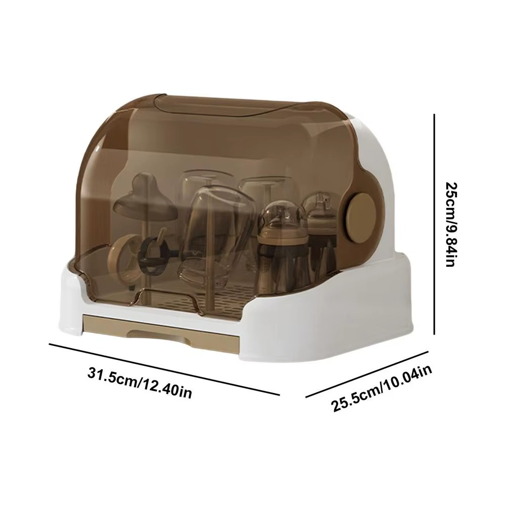 White baby bottle drying rack with closed brown lid and product dimensions, holding bottles and accessories.