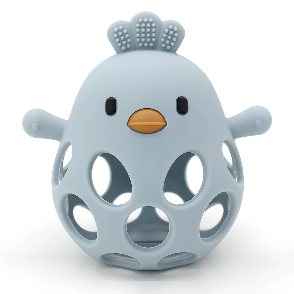 Dusty blue silicone baby teether rattle shaped like a bird with holes and textured comb.