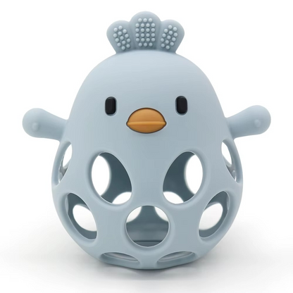 Dusty blue silicone baby teether rattle shaped like a bird with holes and textured comb.