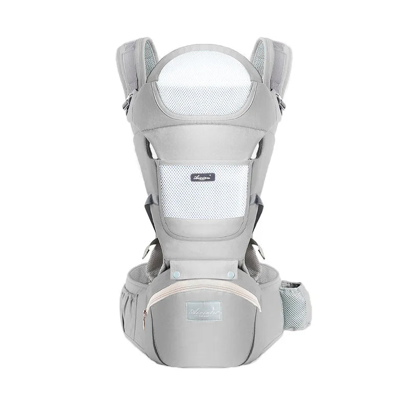 Gray ergonomic baby carrier front view with mesh panel and hip seat storage pouch.