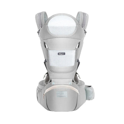 Gray ergonomic baby carrier front view with mesh panel and hip seat storage pouch.