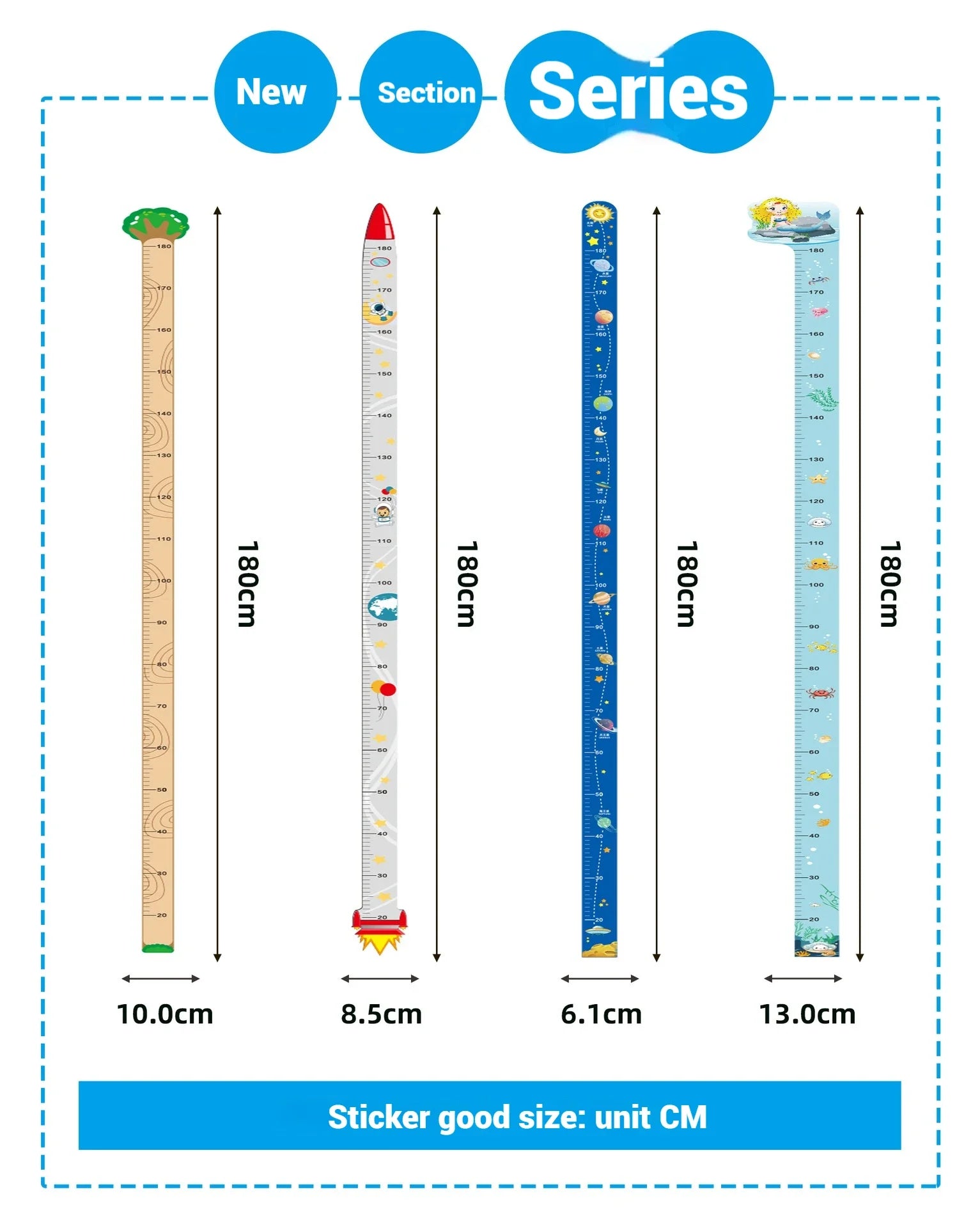 Variety of 180 cm growth chart decal designs including tree, rocket, space, and ocean themes with size details.