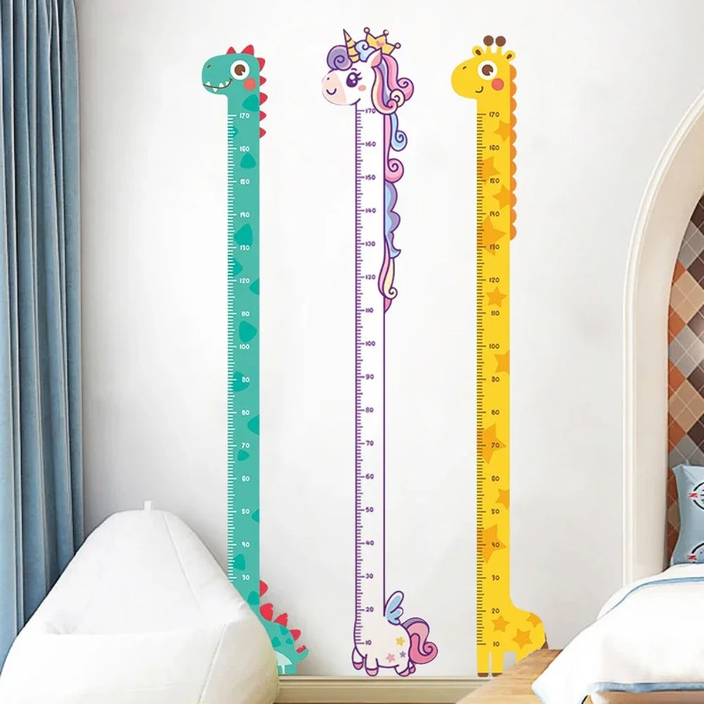 Whimsical animal growth chart wall decals with dinosaur, unicorn, and giraffe height trackers for nursery.