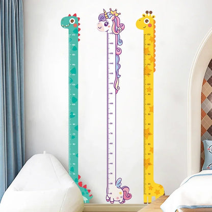 Whimsical animal growth chart wall decals with dinosaur, unicorn, and giraffe height trackers for nursery.