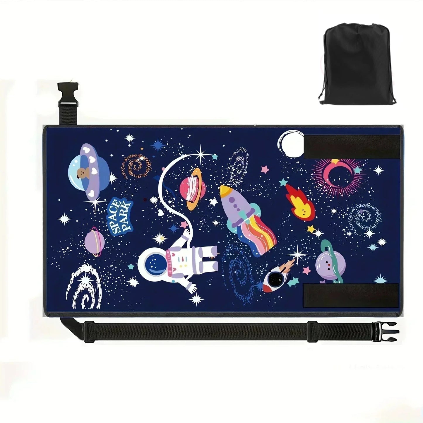 Space Blue kids airplane foot hammock with astronaut design and storage bag.