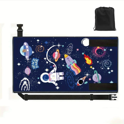 Space Blue kids airplane foot hammock with astronaut design and storage bag.