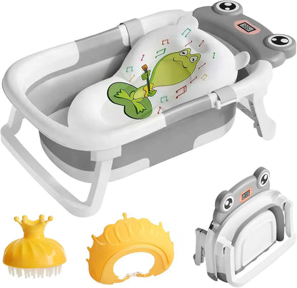 Foldable baby bathtub Type 1 Gray with frog cushion, digital thermometer, crown shower cap, and mesh sling.