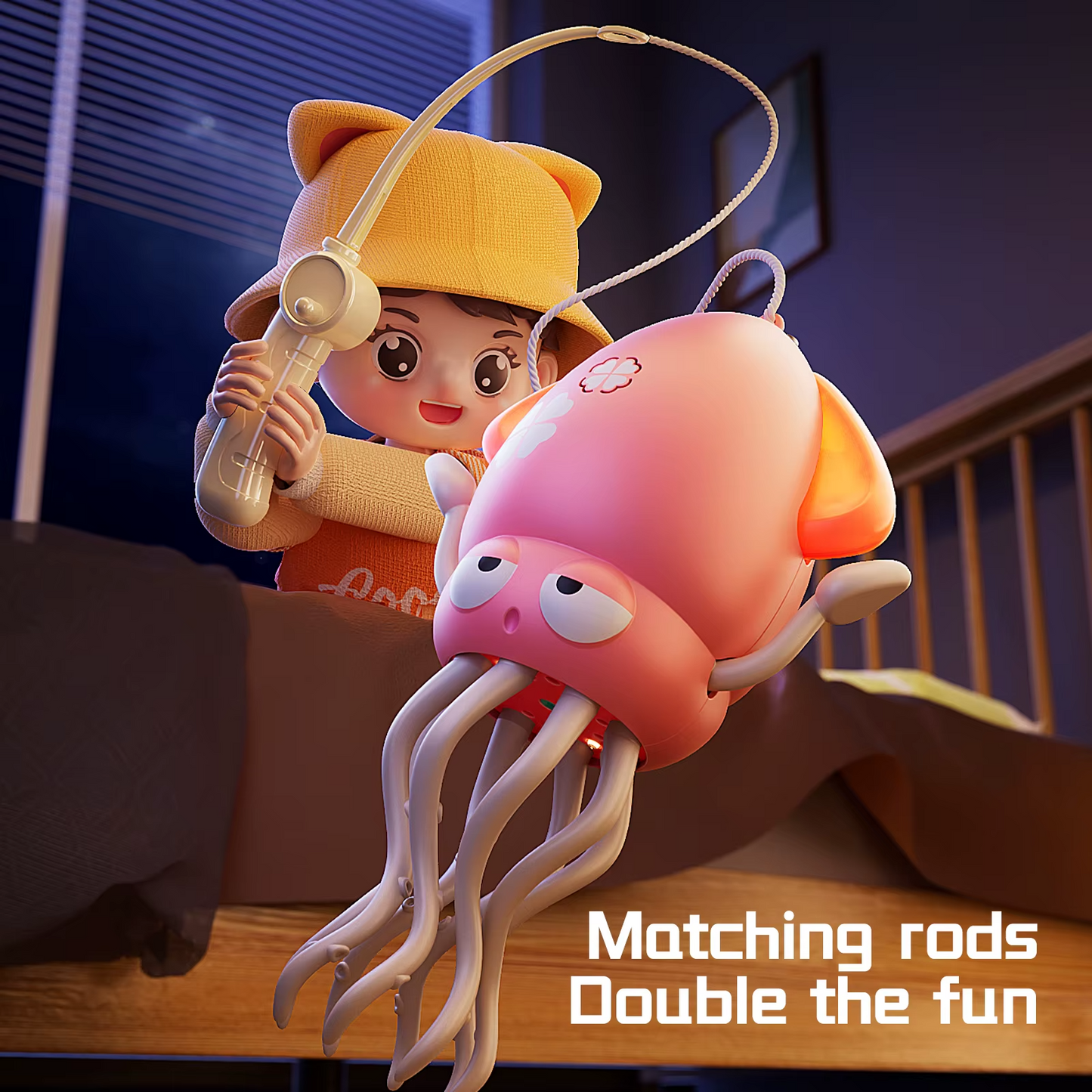Child playing with pink octopus interactive toddler toy and matching rod in bedroom.