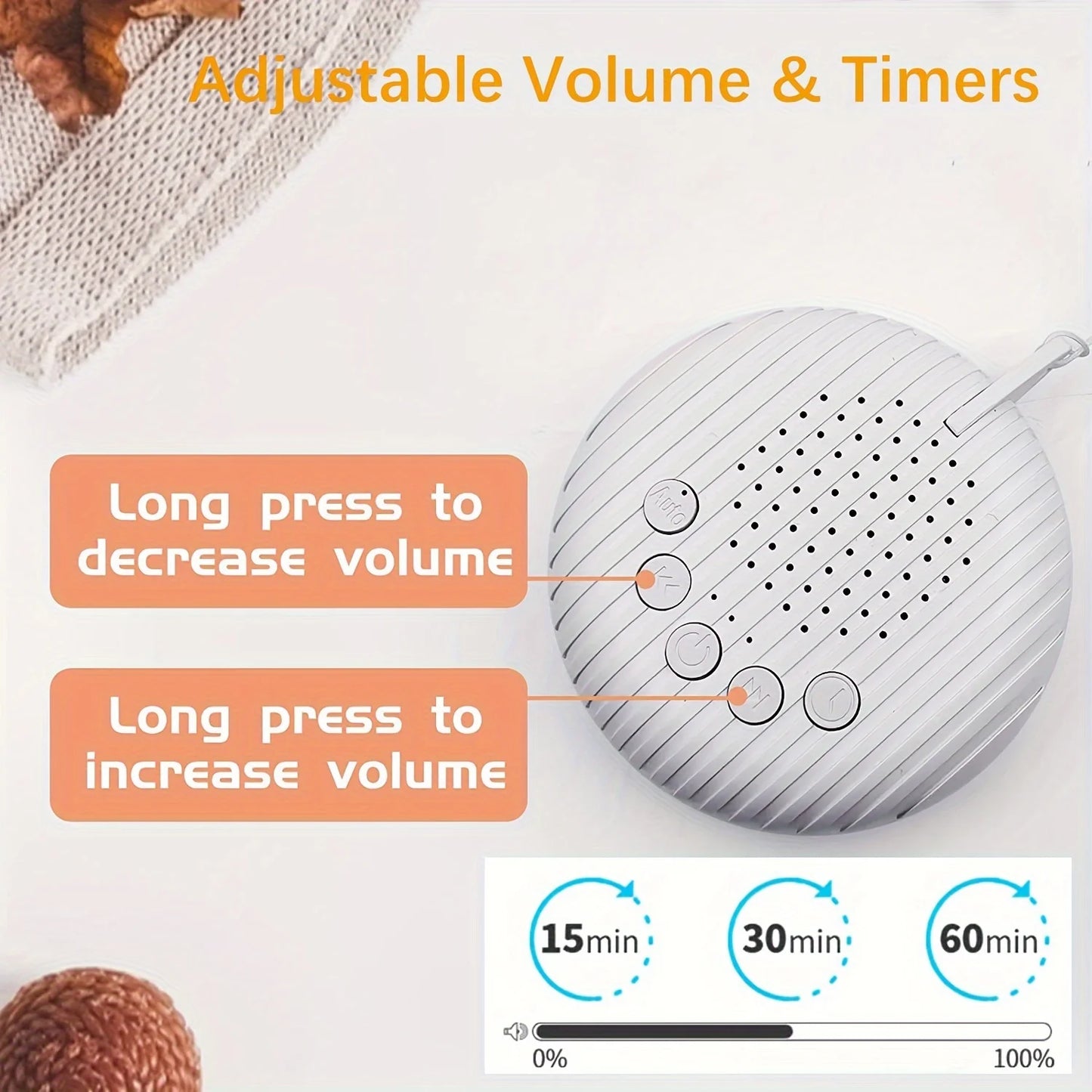 Top view of white noise machine with volume and timer button instructions.