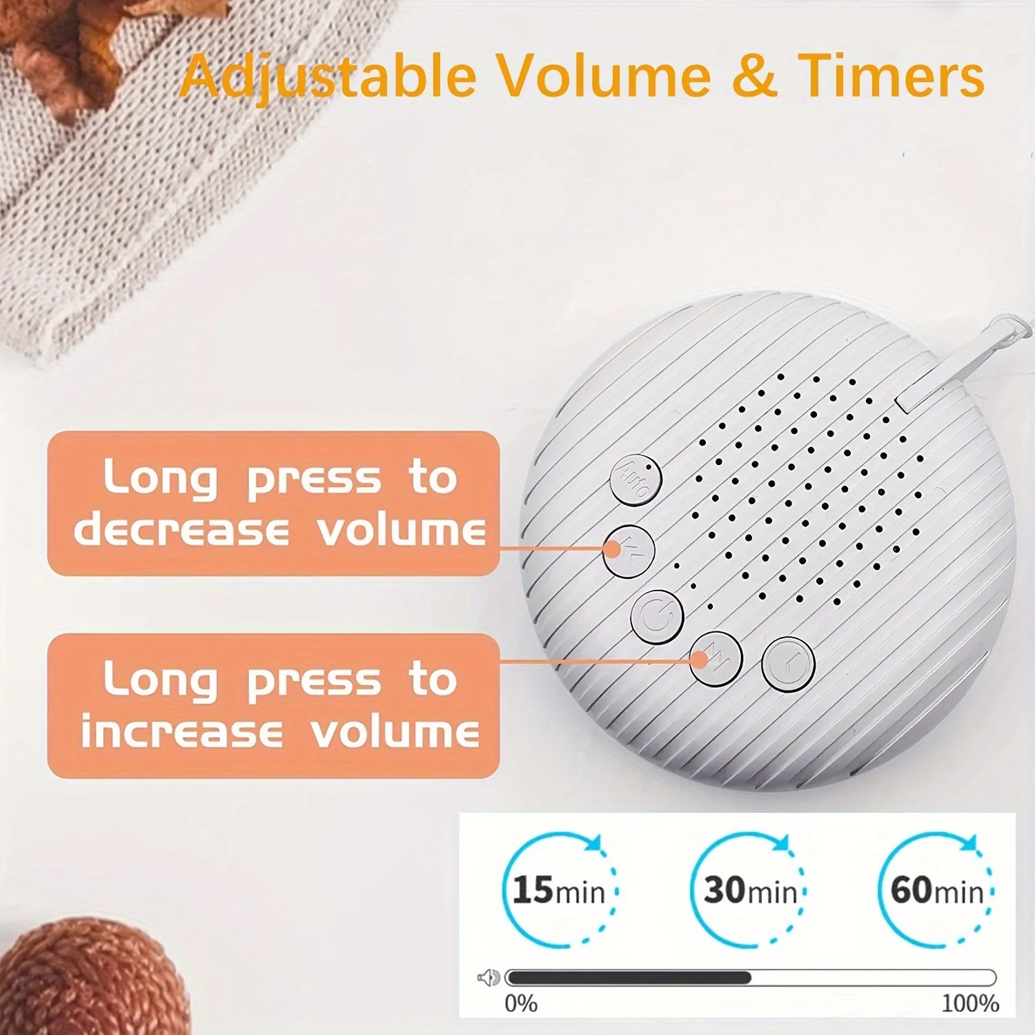 Top view of white noise machine with volume and timer button instructions.