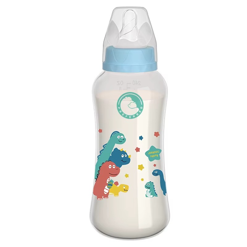 150ml BPA-free baby bottle with blue lid and dinosaur design, easy grip handles, filled with milk.