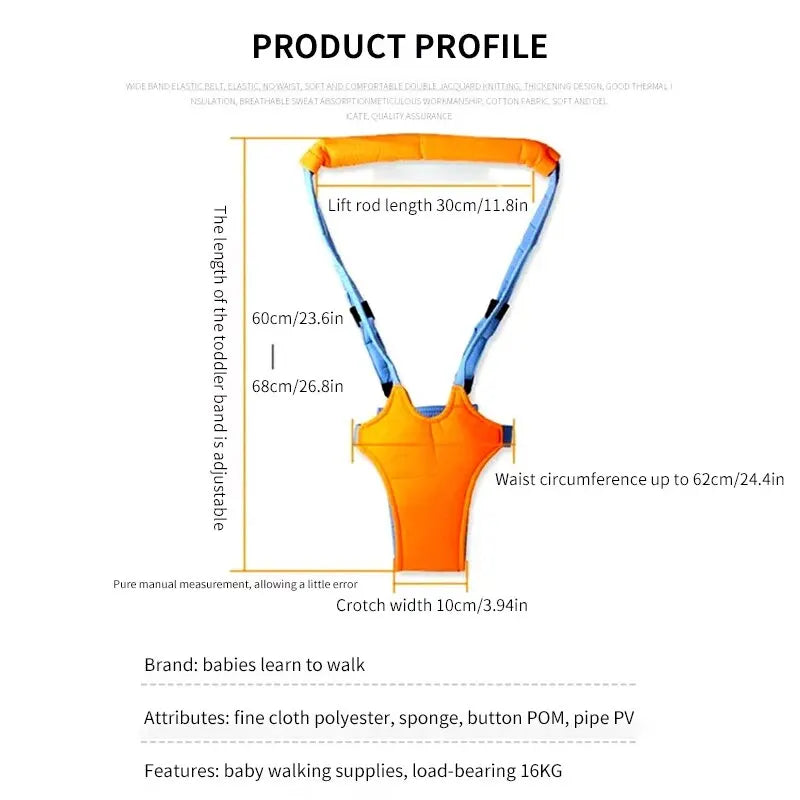 Baby walking harness assistant with detailed product measurements and features diagram in orange and blue.