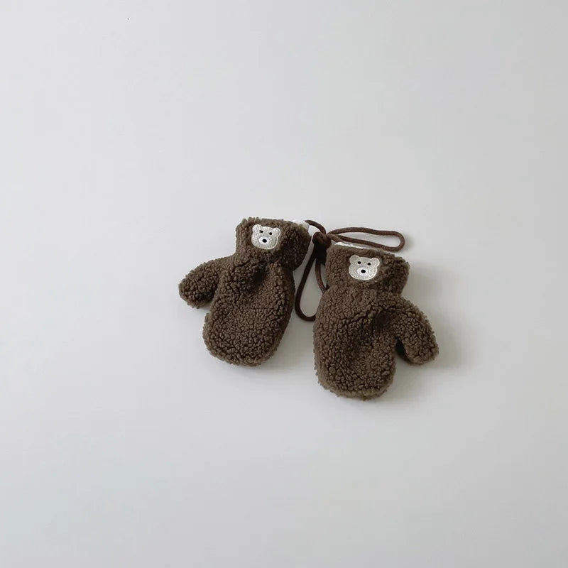 Cute Plush Baby Gloves Korean Bear Embroidered Toddler Mittens Winter Thick Warm Cashmere Kids Full Finger Gloves