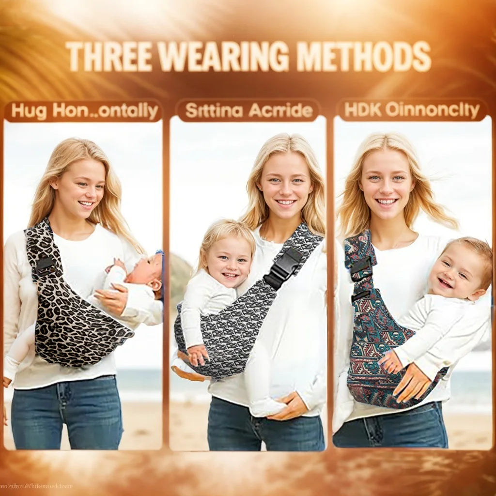 Three patterned adjustable baby carrier wraps shown in different wearing positions with babies.