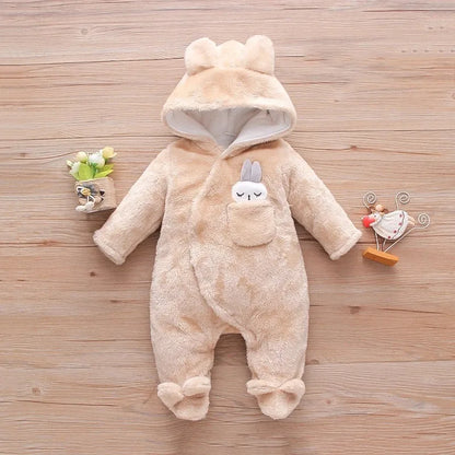 Plush Hooded Baby Romper | Warm Cartoon Jumpsuit for Fall and Winter