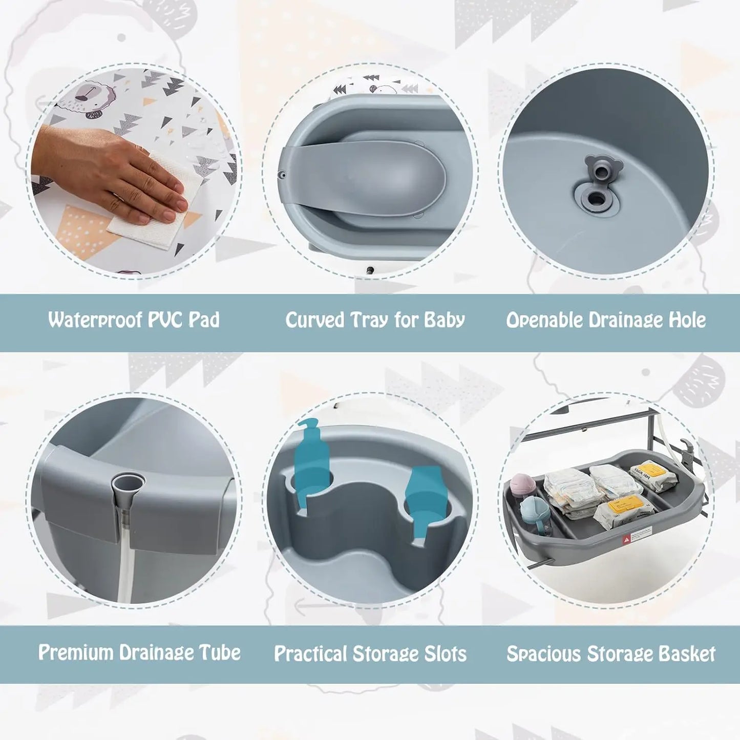 Features of baby bathtub with waterproof pad, drainage system, storage slots, and spacious basket.