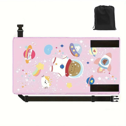 Space Pink kids airplane foot hammock with space animal design and storage bag.