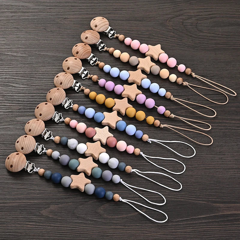 Wood and Silicone Pacifier Clip Chain | Teether Bead Soother Holder (BPA Free)