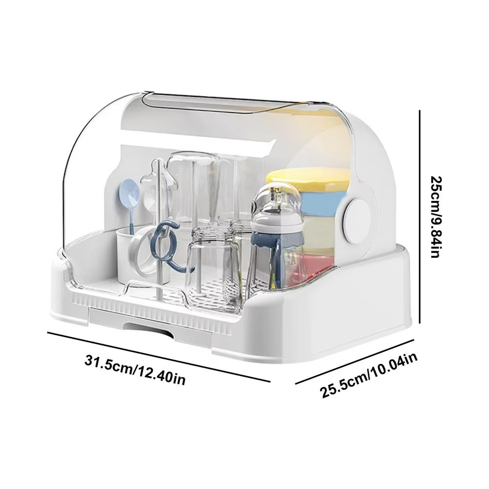 White baby bottle drying rack with closed clear lid and product dimensions, holding bottles and accessories.