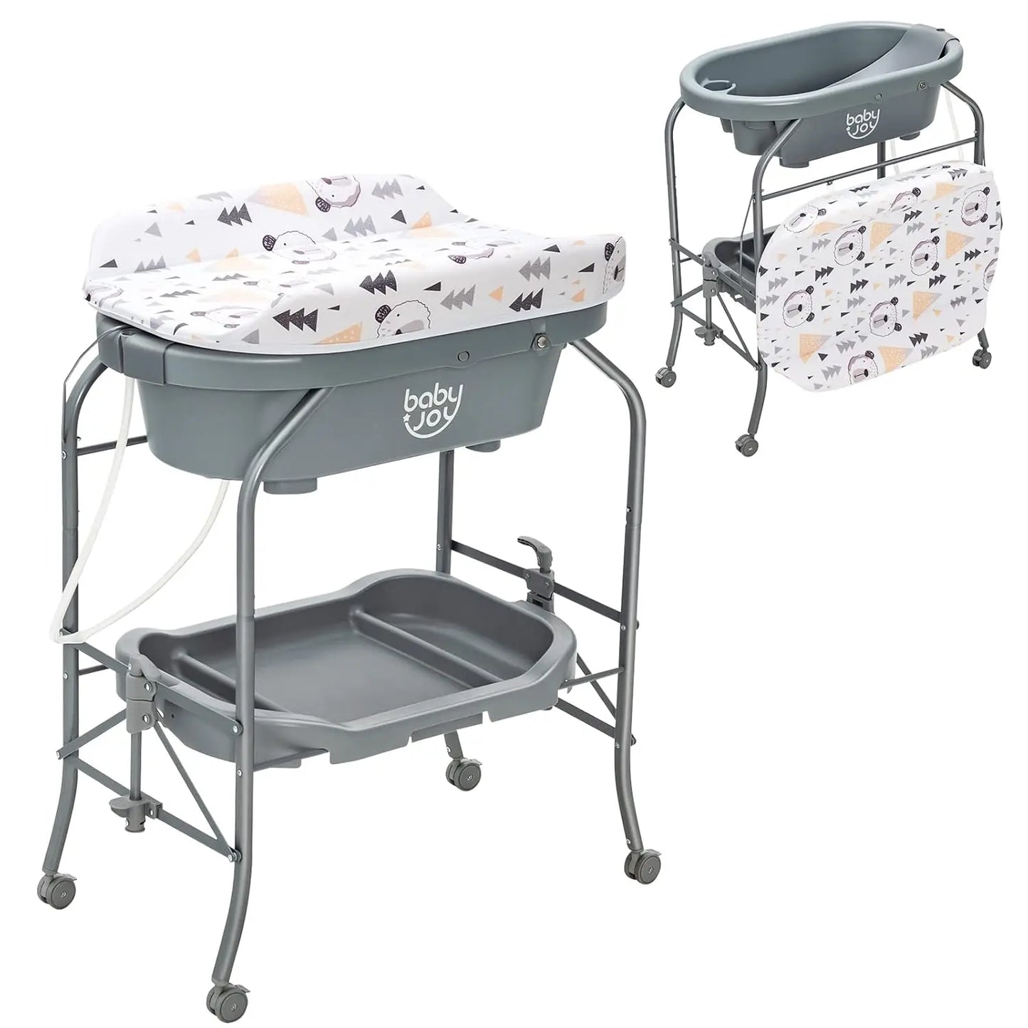 Baby bathtub with changing table and padded mat on gray metal frame with storage tray and wheels.