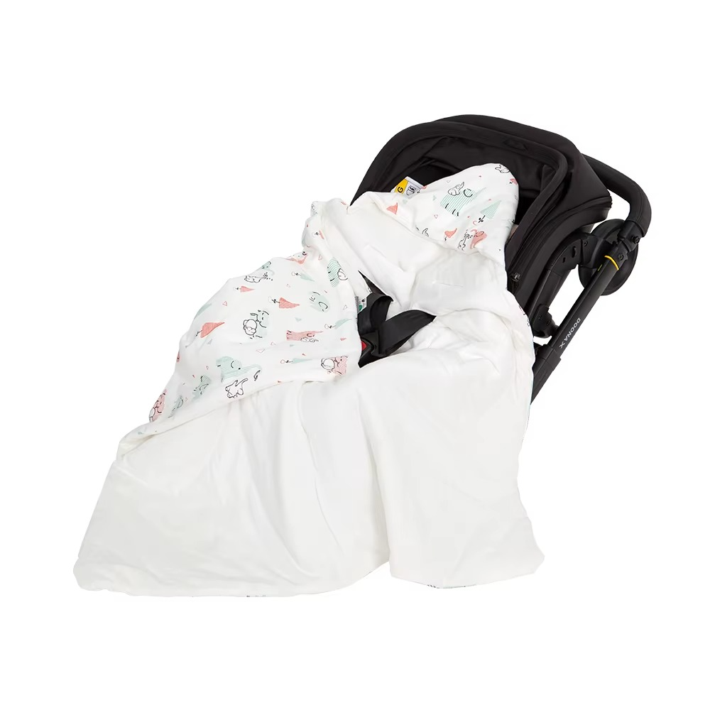 Hooded baby wrap blanket with red elephant and animal print in stroller, variant red elephant 90x90cm.