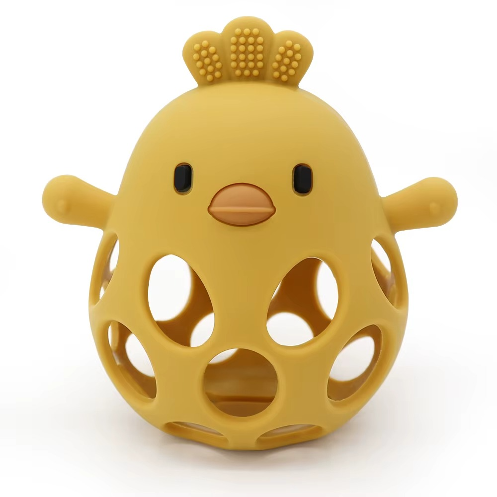 Mango yellow silicone baby teether rattle shaped like a bird with holes and textured comb.