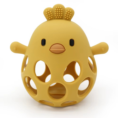 Mango yellow silicone baby teether rattle shaped like a bird with holes and textured comb.