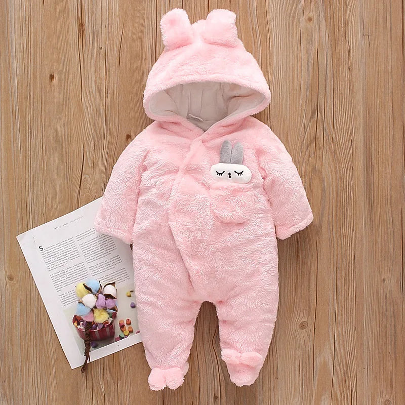 Plush Hooded Baby Romper | Warm Cartoon Jumpsuit for Fall and Winter
