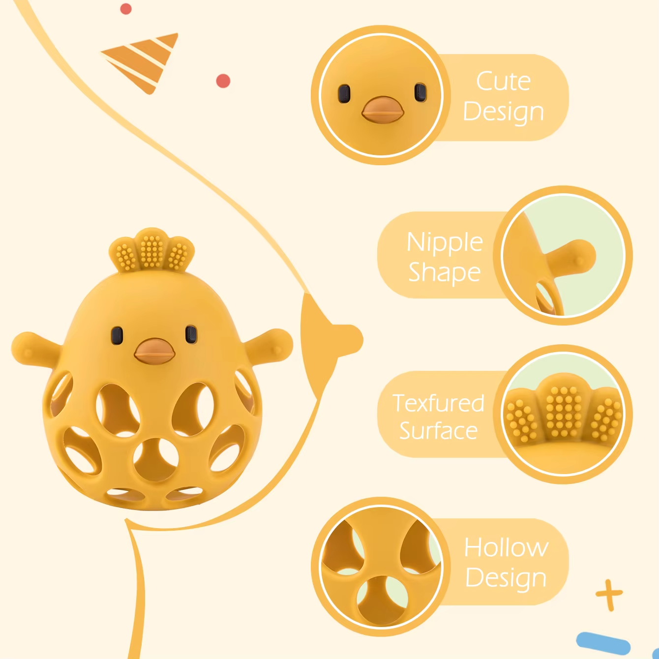 Mango yellow silicone baby teether rattle with design features callouts on light background.