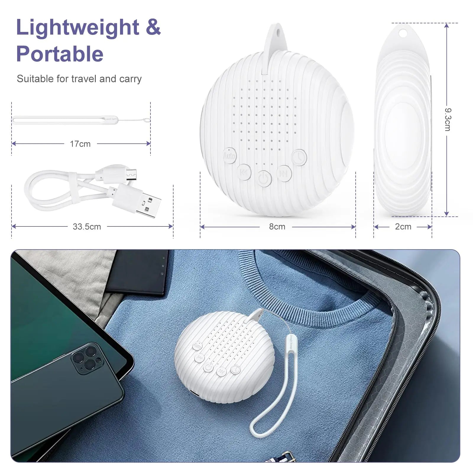 White noise machine with dimensions, USB cable, strap, and packed in suitcase for travel.