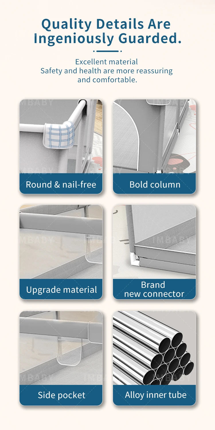 Detailed close-up of gray baby playpen features including connectors, side pocket, and alloy tubes.
